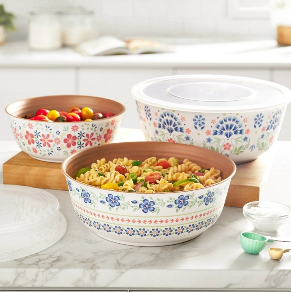 ❤️ New 2025 The Pioneer Woman Hattie Bamboo Melamine Bowl Set With Lids
